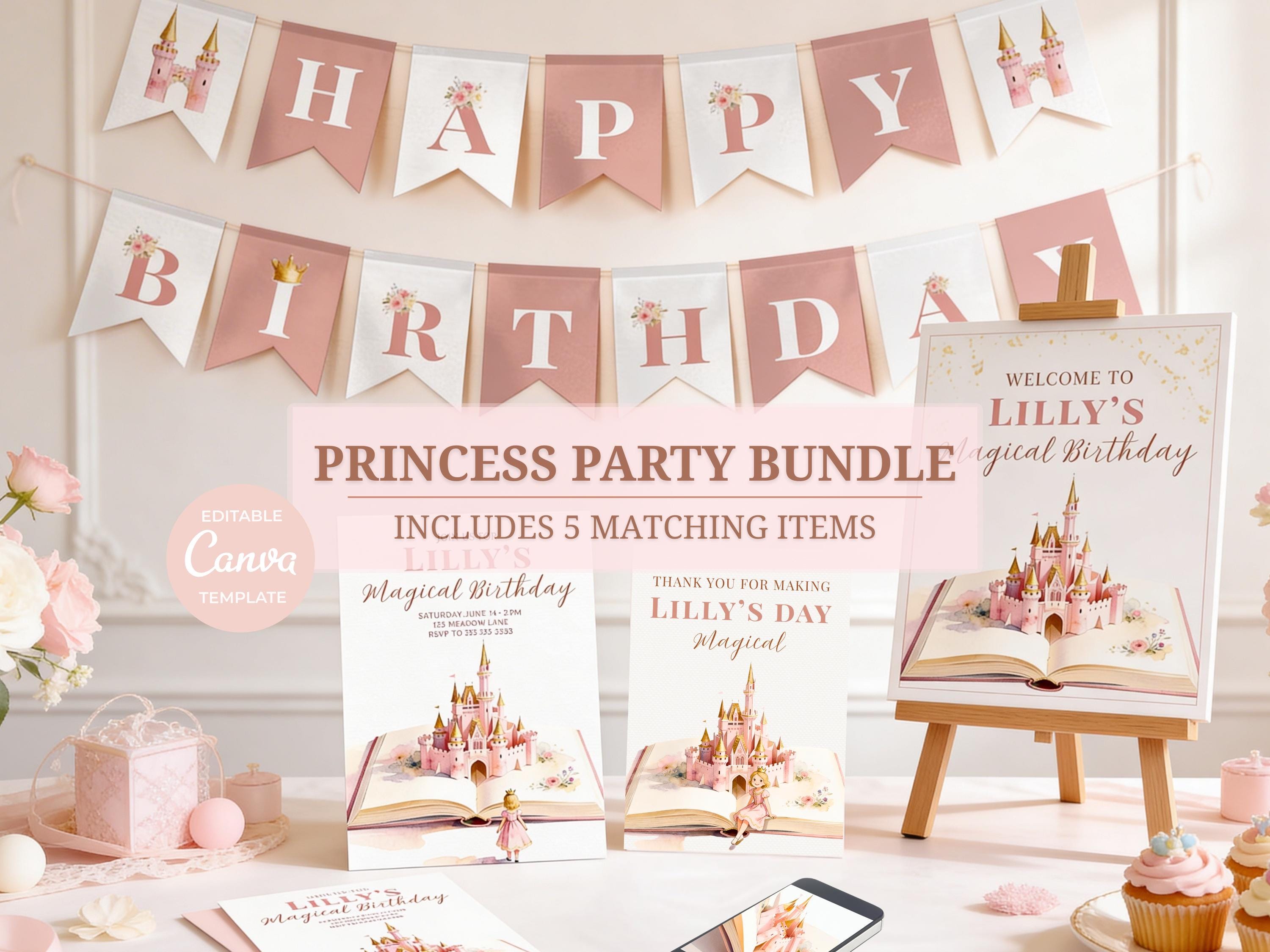 Princess birthday party bundle Canva template with banner decorations, welcome sign, printable invitation, thank you card and animated mobile evite displayed in a soft pink princess party setup