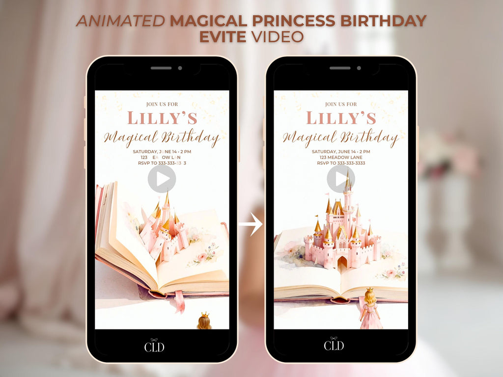 Princess Birthday Party Bundle Canva Template - Animated Evite, Printable Invitation, Welcome Sign, Banner & Thank You Card
