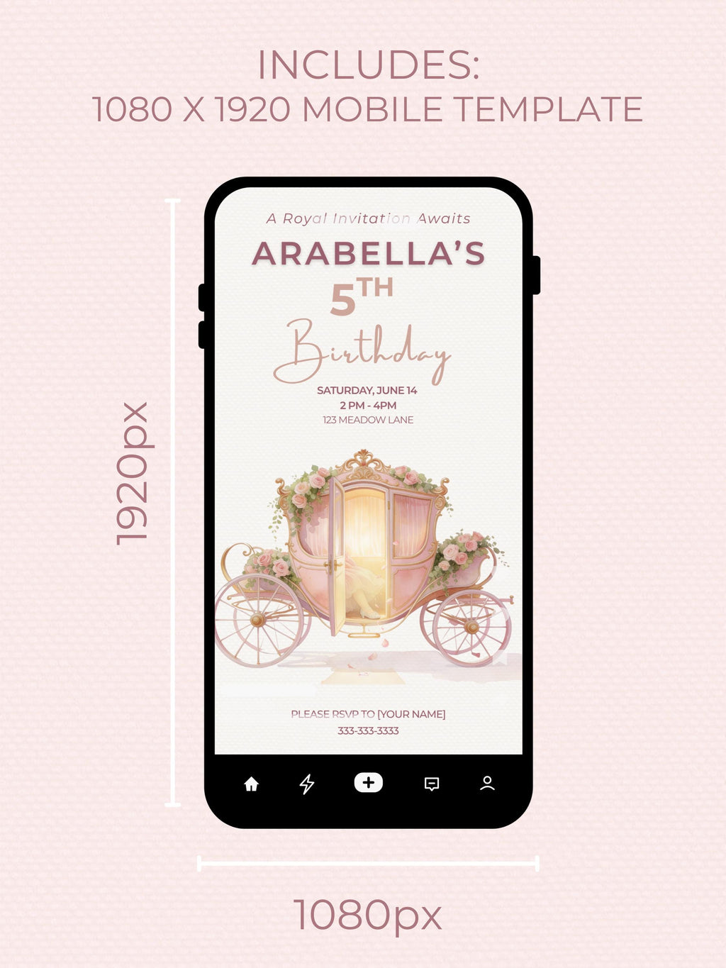 Printable Princess Birthday Invitation, Magical Carriage Evite, Girl 5th Party Fairytale Digital Invite, (Editable Custom Canva Template)