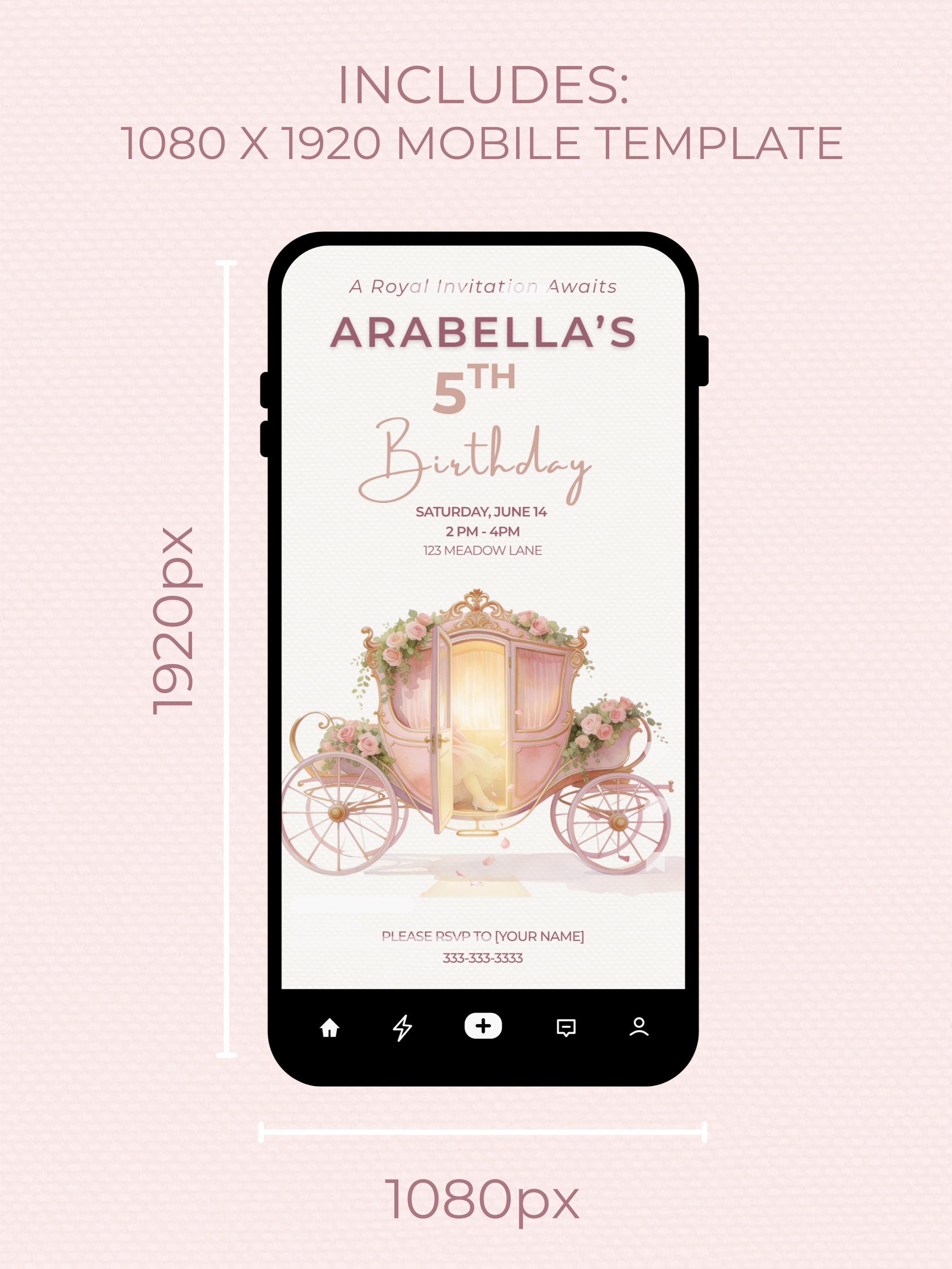 Printable Princess Birthday Invitation, Magical Carriage Evite, Girl 5th Party Fairytale Digital Invite, (Editable Custom Canva Template)