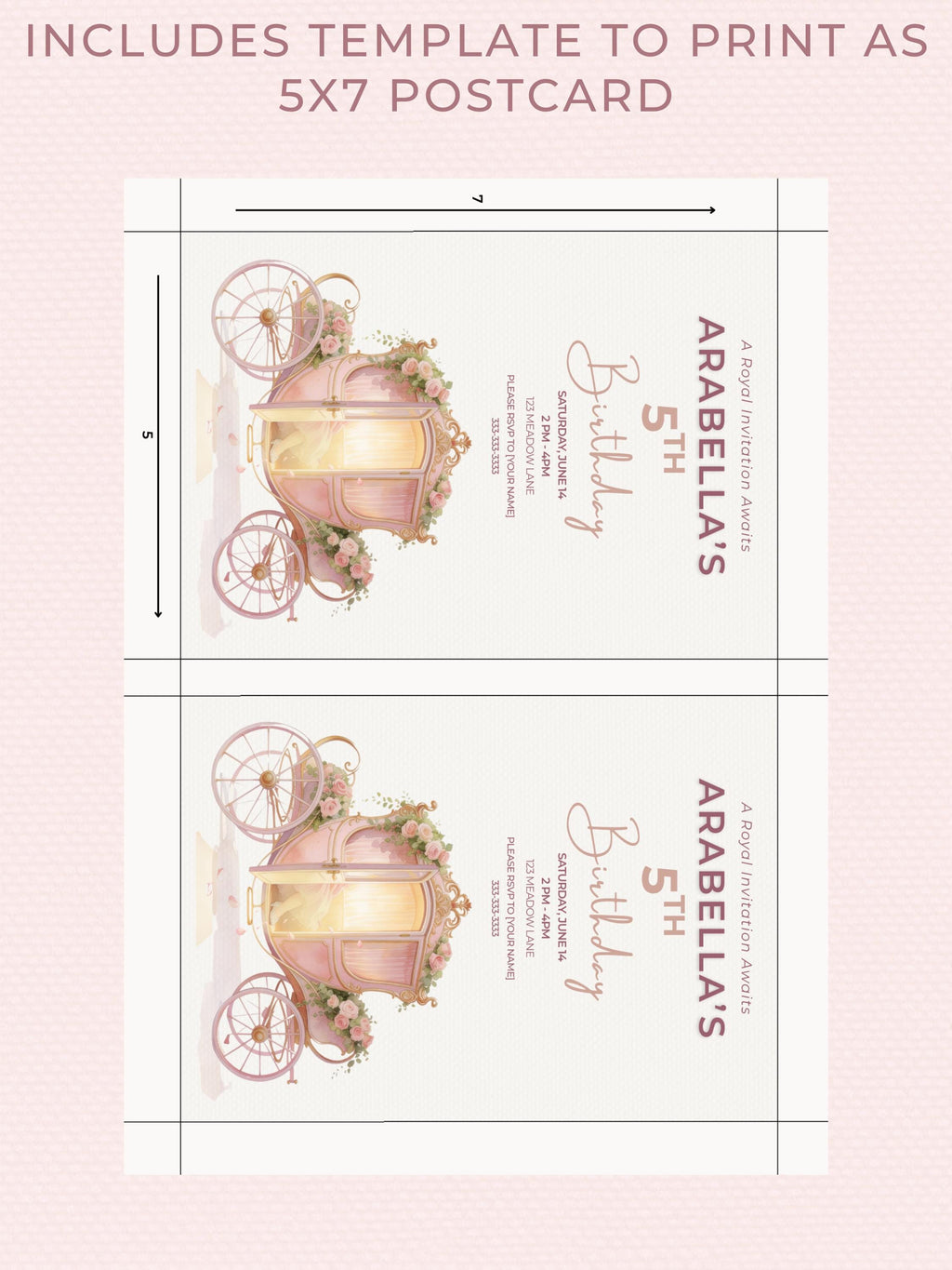 Printable Princess Birthday Invitation, Magical Carriage Evite, Girl 5th Party Fairytale Digital Invite, (Editable Custom Canva Template)