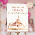 Princess birthday welcome sign Canva template featuring watercolor castle rising from an open storybook, printable fairytale party welcome sign on easel