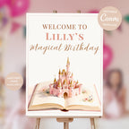 Princess birthday welcome sign Canva template featuring watercolor castle rising from an open storybook, printable fairytale party welcome sign on easel