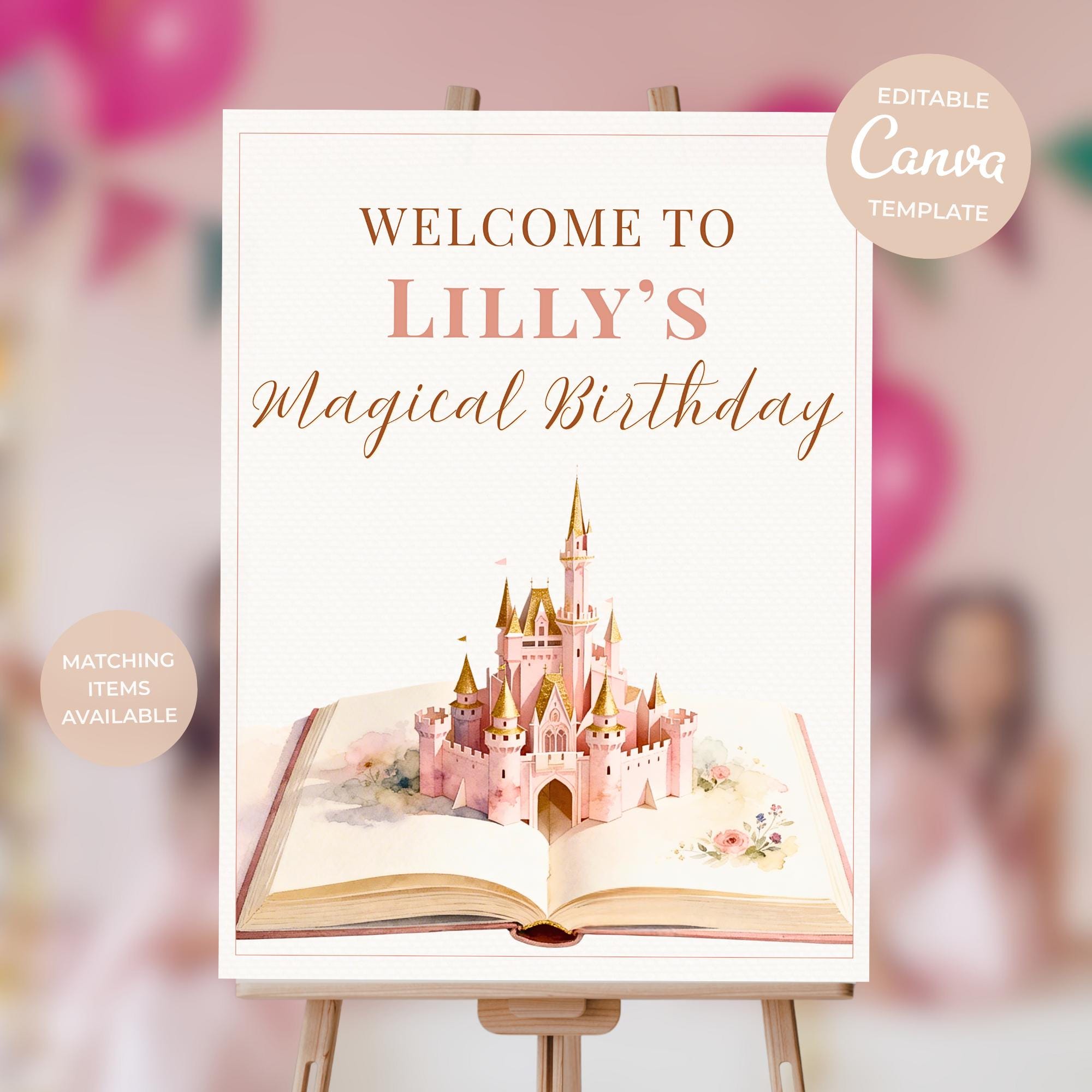 Princess birthday welcome sign Canva template featuring watercolor castle rising from an open storybook, printable fairytale party welcome sign on easel