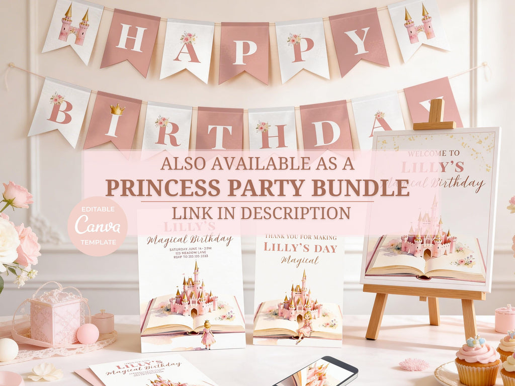 Princess Happy Birthday Banner (Instant Download Editable Canva Template) - Printable Storybook Fairytale Castle Girl Party Decor Bunting
