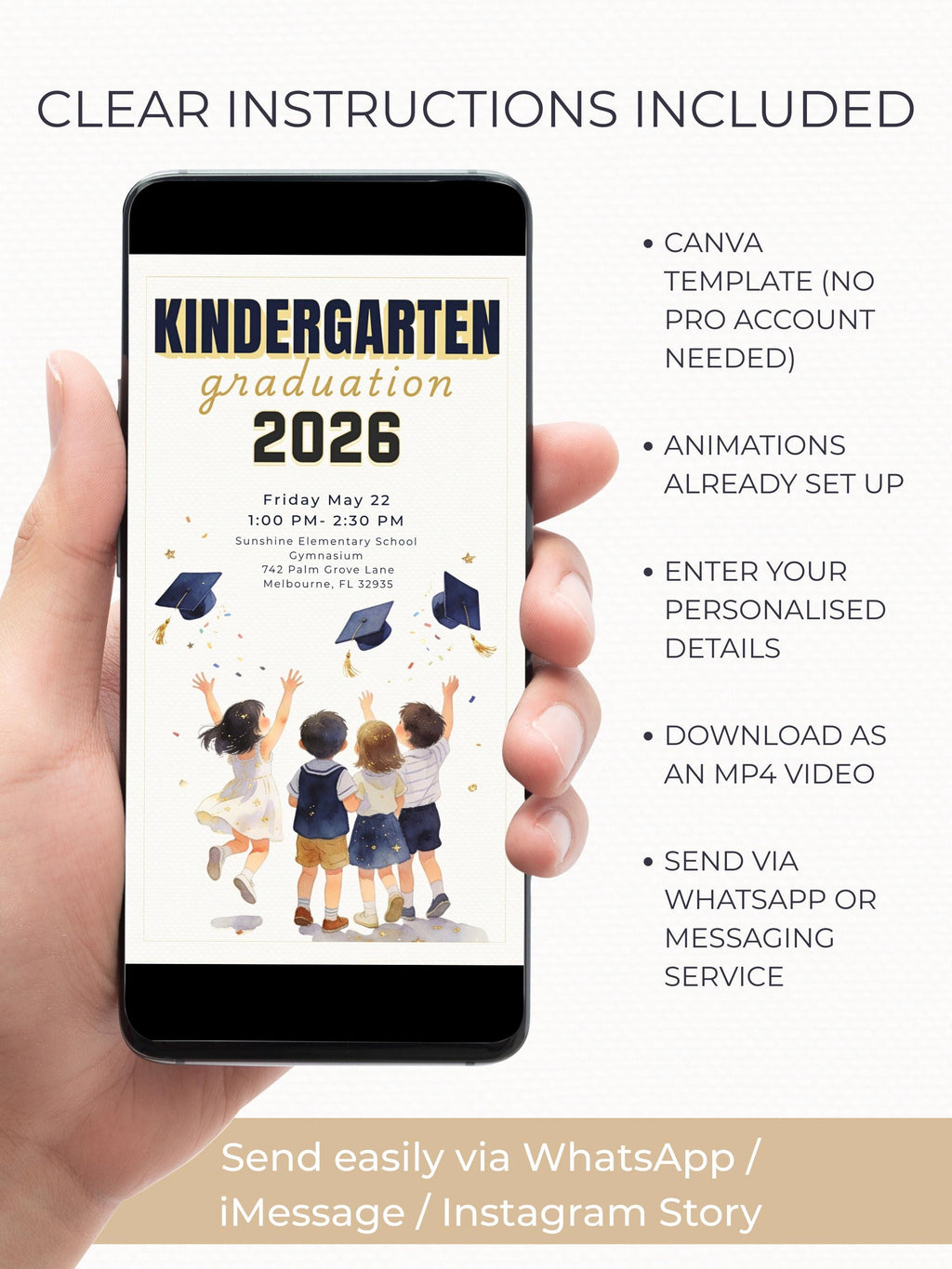 Animated Kindergarten Kids Graduation Invitation Video (Instant Download Editable Canva Template) Children's Classroom Party Digital Invite