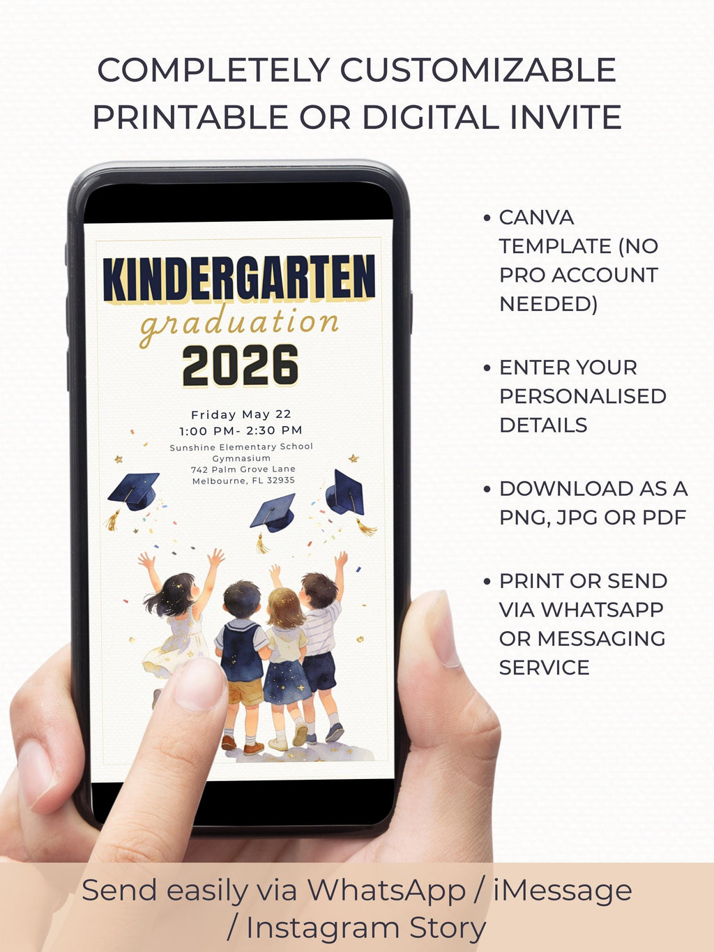 Printable Kindergarten Kids Graduation Invitation (Instant Download Editable Canva Template) Children's Classroom Party Digital Invite 5x7