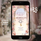 Animated princess birthday invitation video displayed on phone screen, enchanted fairytale arch with floral details and soft glow, editable Canva digital evite for girls party