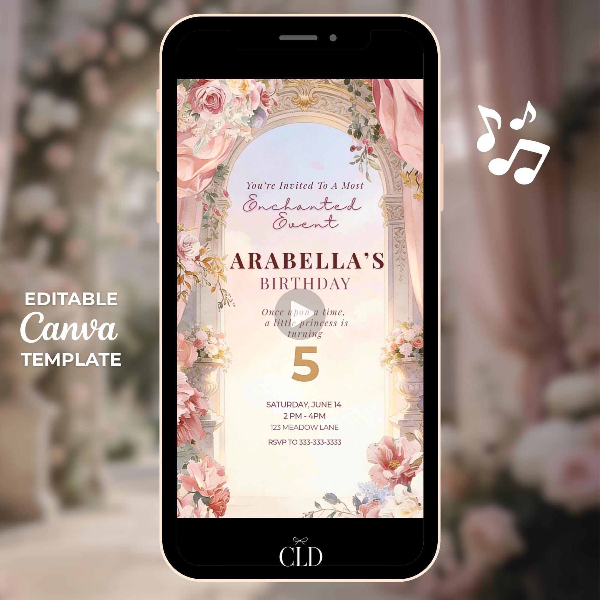 Animated princess birthday invitation video displayed on phone screen, enchanted fairytale arch with floral details and soft glow, editable Canva digital evite for girls party
