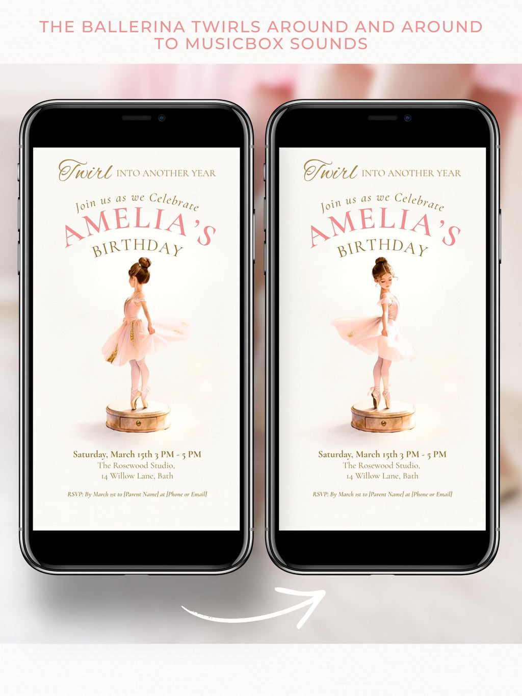 Animated Little Ballerina Birthday Invitation Video, Twirl Into Another Year Evite, Editable Canva Template, Girl Dance Party Digital Invite