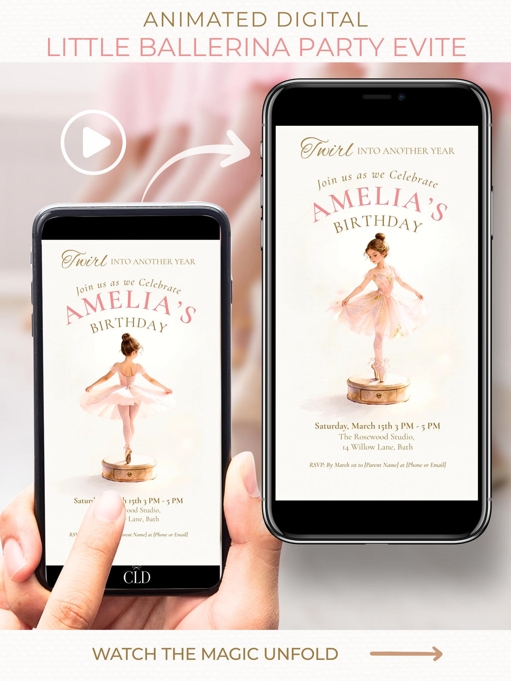 Animated little ballerina birthday invitation displayed on phone, soft blush pink tutu girl twirling on music box, editable Canva digital video invite for girls party