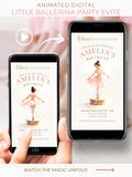 Animated little ballerina birthday invitation displayed on phone, soft blush pink tutu girl twirling on music box, editable Canva digital video invite for girls party
