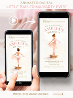 Animated little ballerina birthday invitation displayed on phone, soft blush pink tutu girl twirling on music box, editable Canva digital video invite for girls party