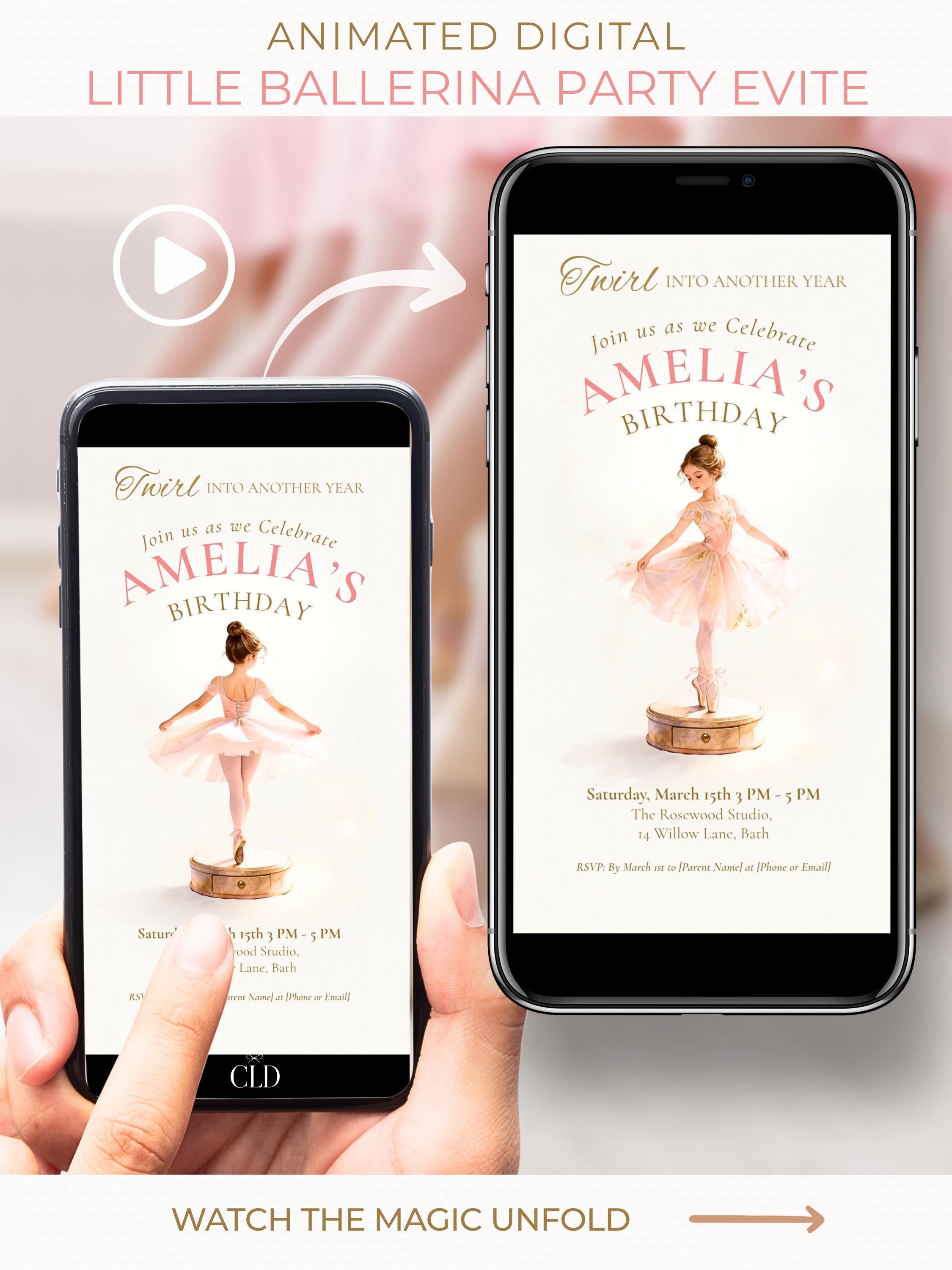 Animated little ballerina birthday invitation displayed on phone, soft blush pink tutu girl twirling on music box, editable Canva digital video invite for girls party