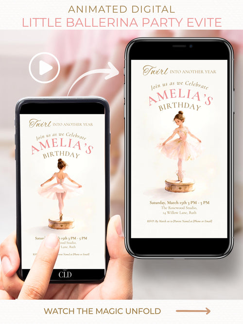 Animated little ballerina birthday invitation displayed on phone, soft blush pink tutu girl twirling on music box, editable Canva digital video invite for girls party