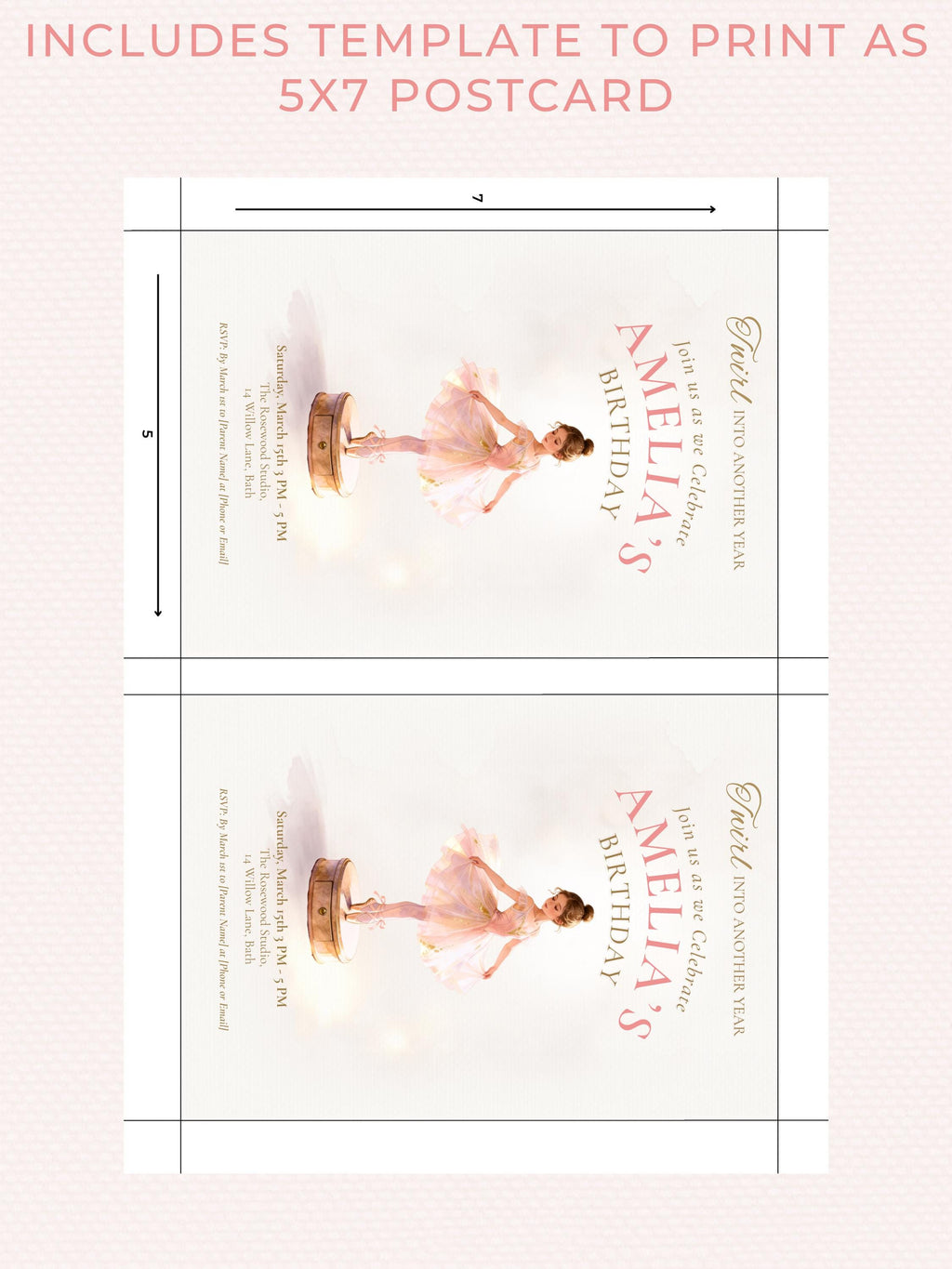 Printable Little Ballerina Birthday Invitation, Twirl Into Another Year Evite, Editable Canva Template, 5x7 Girl Dance Party Digital Invite