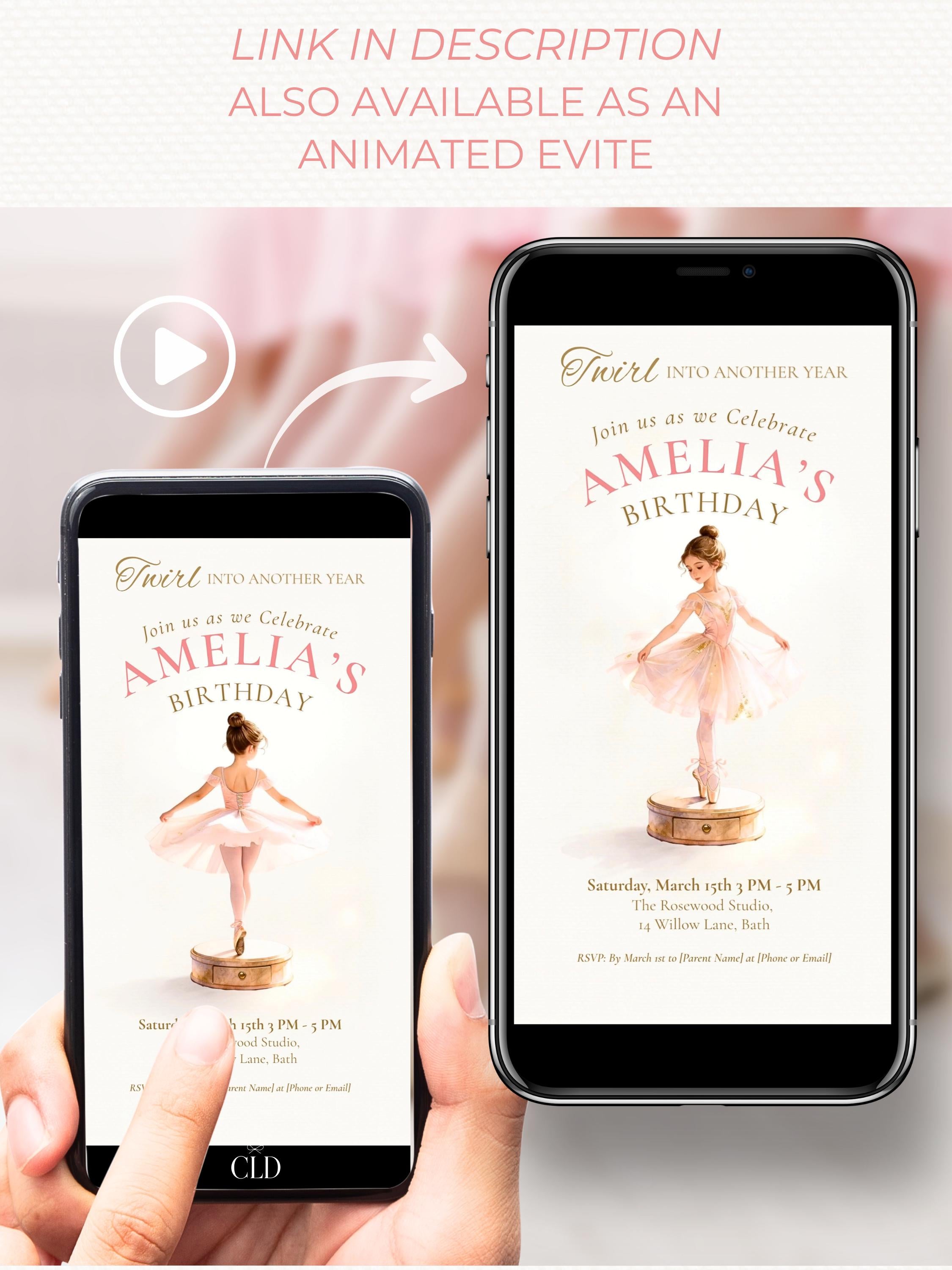 Printable Little Ballerina Birthday Invitation, Twirl Into Another Year Evite, Editable Canva Template, 5x7 Girl Dance Party Digital Invite