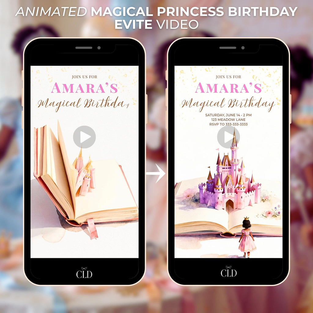 Animated Princess Birthday Invitation Video Dark Haired - Storybook Magical Castle Party Evite (Editable Canva Digital Template Invite)