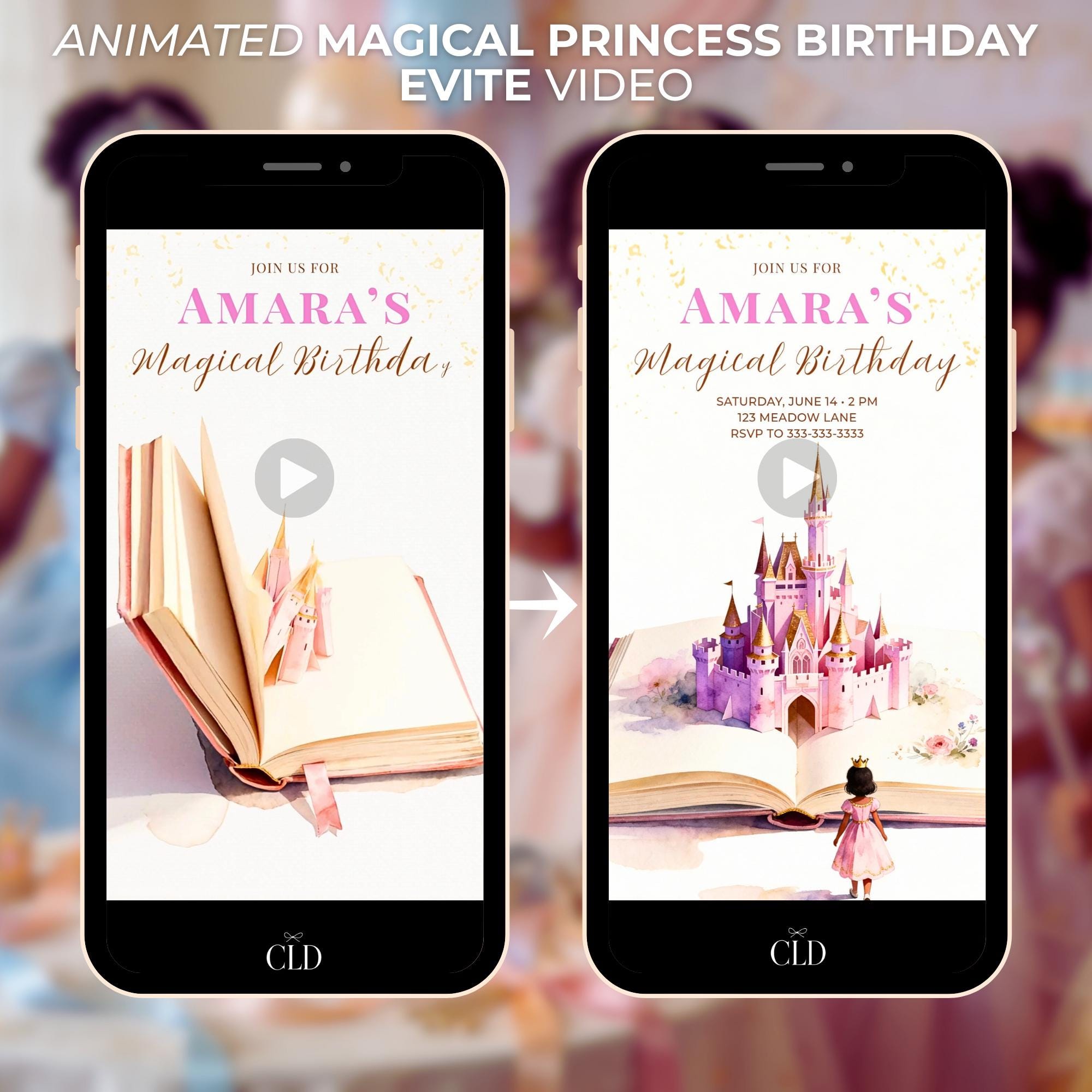 Animated Princess Birthday Invitation Video Dark Haired - Storybook Magical Castle Party Evite (Editable Canva Digital Template Invite)