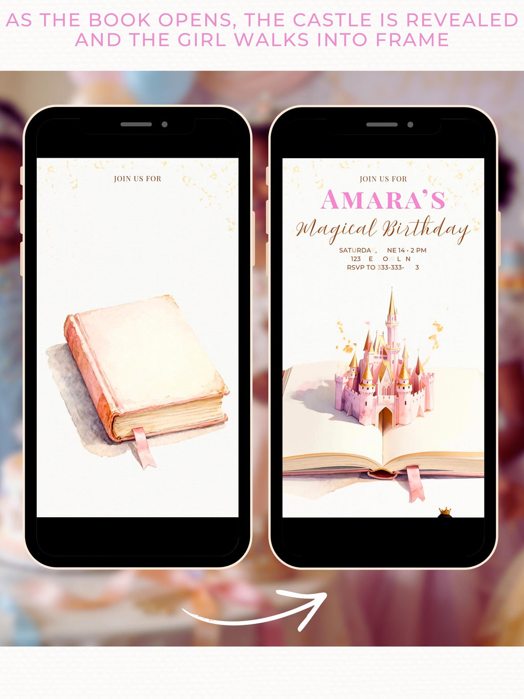Animated Princess Birthday Invitation Video Dark Haired - Storybook Magical Castle Party Evite (Editable Canva Digital Template Invite)