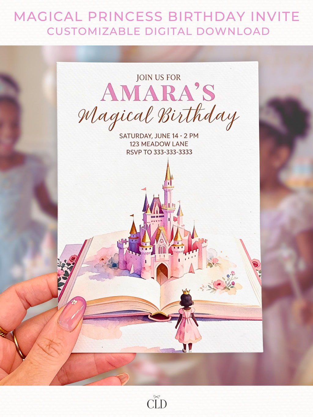 Printable Princess Birthday Invitation Dark Haired Girl - Storybook Magical Castle Party Evite (Editable Canva Digital Template Invite)