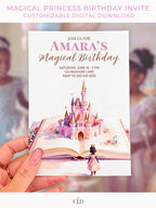 Printable Princess Birthday Invitation Dark Haired Girl - Storybook Magical Castle Party Evite (Editable Canva Digital Template Invite)