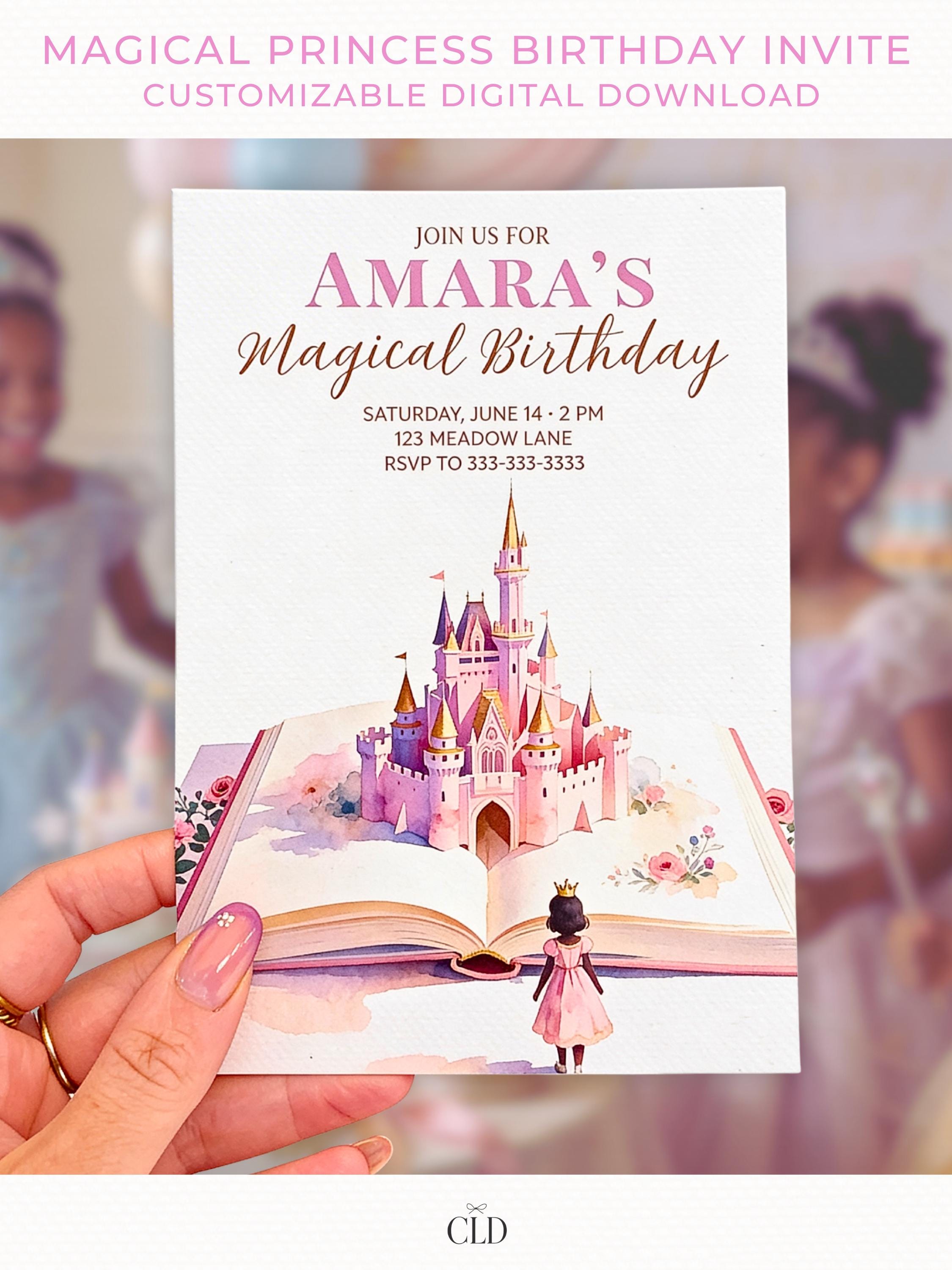 Printable Princess Birthday Invitation Dark Haired Girl - Storybook Magical Castle Party Evite (Editable Canva Digital Template Invite)