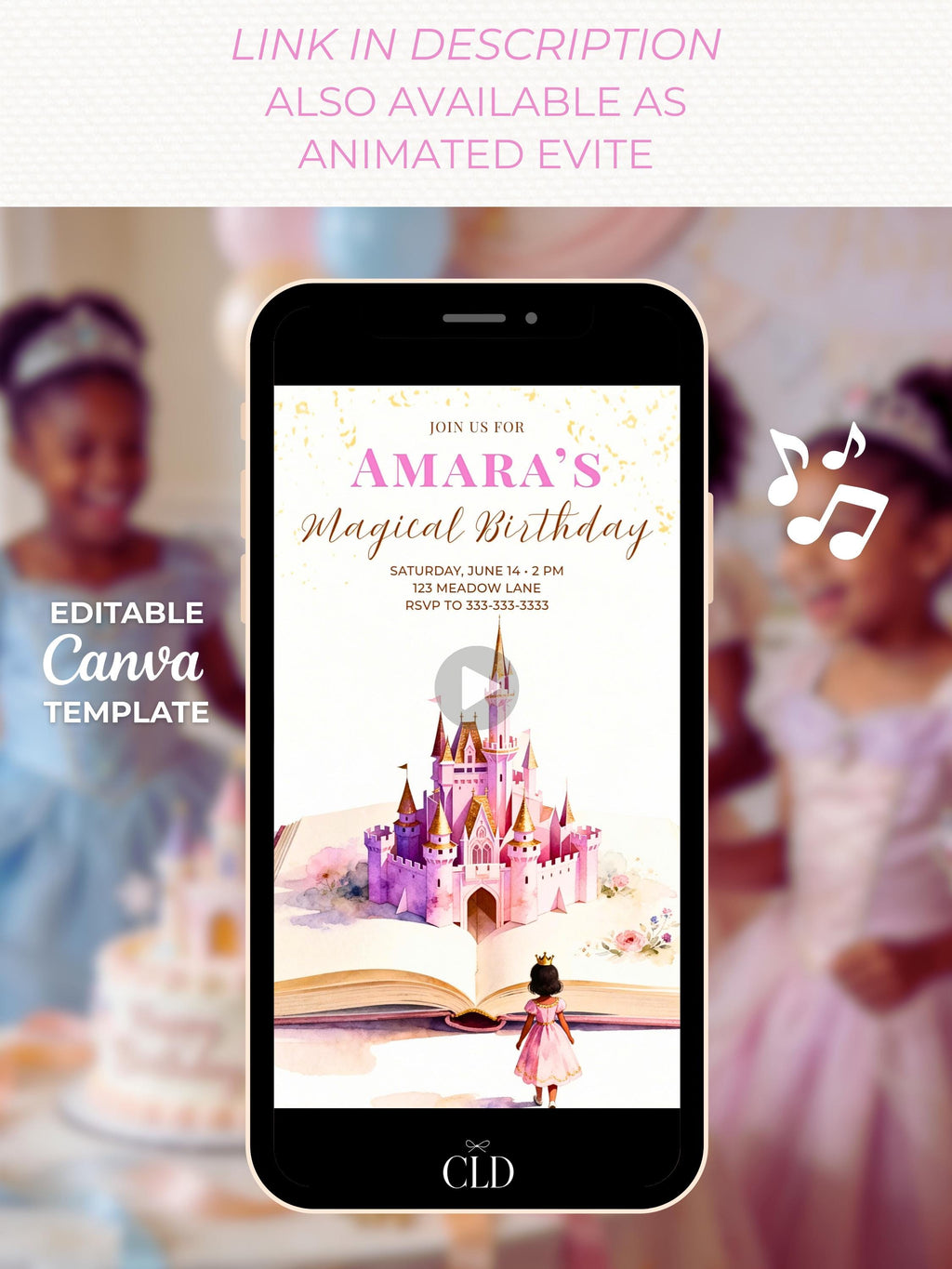 Printable Princess Birthday Invitation Dark Haired Girl - Storybook Magical Castle Party Evite (Editable Canva Digital Template Invite)