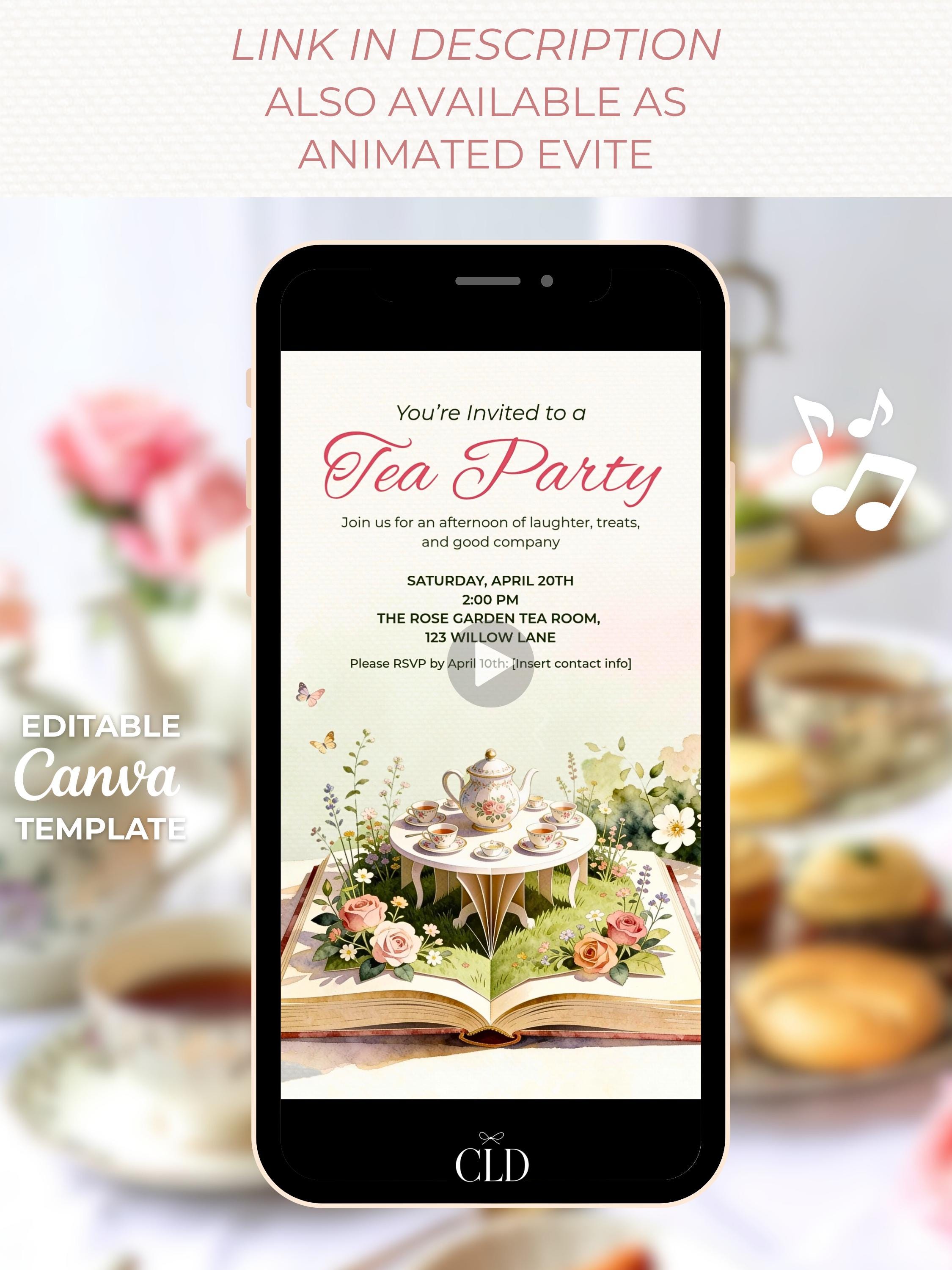 Printable Tea Party Invitation - Storybook Afternoon/High Brunch Garden Evite (Editable Canva Digital Template Birthday Invite)