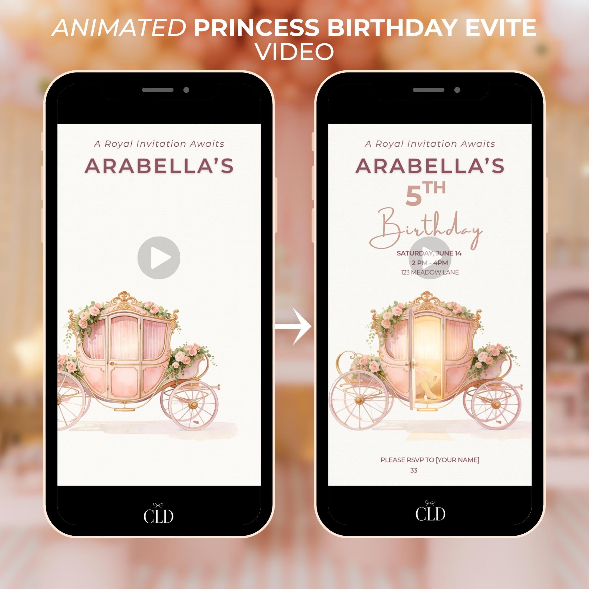 Animated Princess Birthday Invitation Video, Carriage Evite, Girl 5th Party Fairytale Digital Invite, (Editable Custom Canva Template)