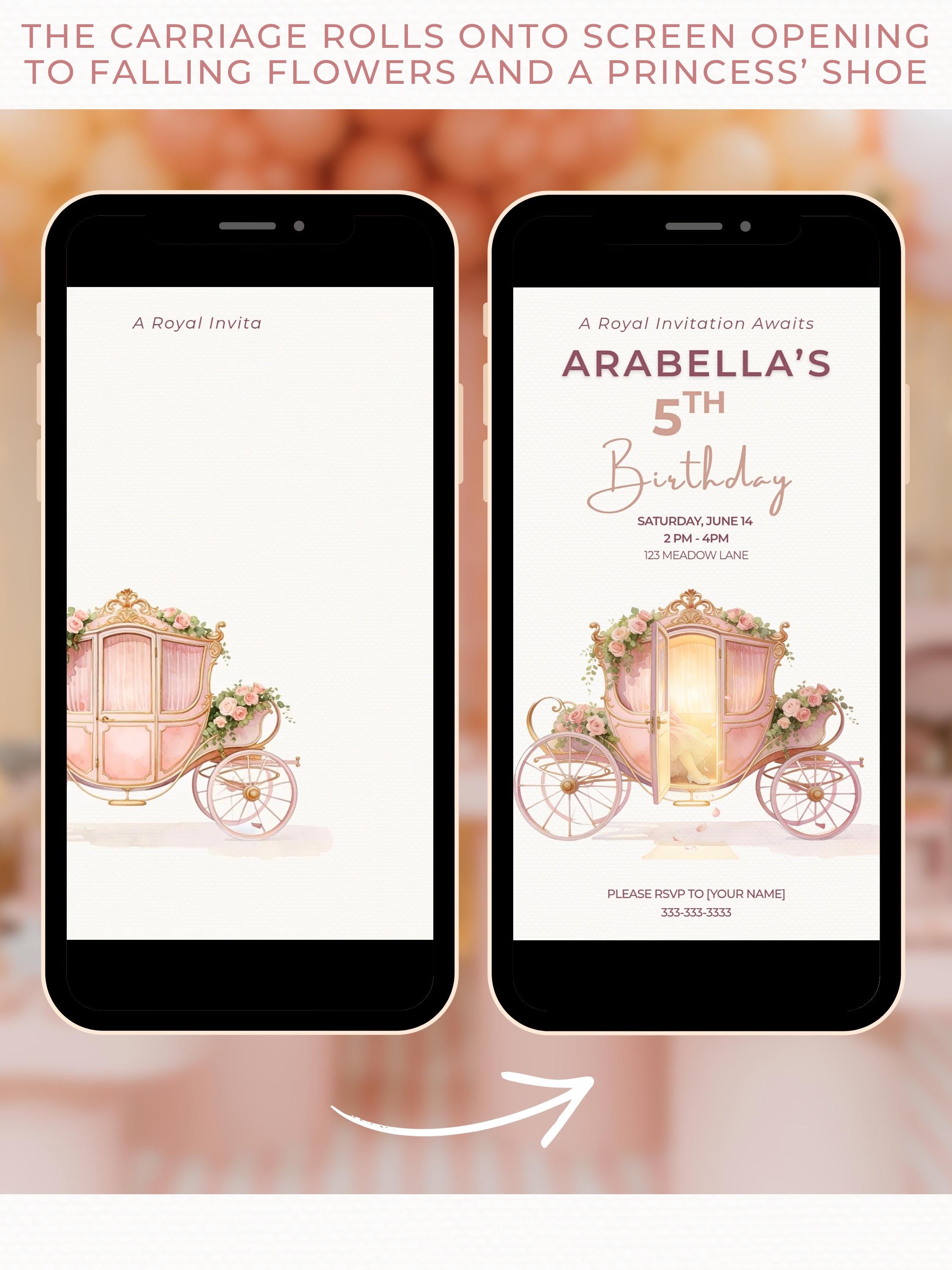 Animated Princess Birthday Invitation Video, Carriage Evite, Girl 5th Party Fairytale Digital Invite, (Editable Custom Canva Template)