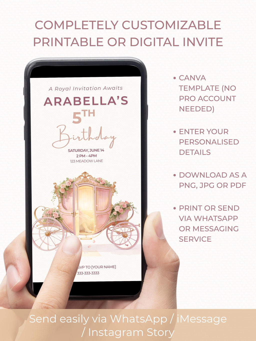 Printable Princess Birthday Invitation, Magical Carriage Evite, Girl 5th Party Fairytale Digital Invite, (Editable Custom Canva Template)