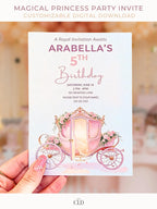 Printable princess carriage birthday invitation held in hand, elegant pink and gold fairytale design with floral carriage illustration, editable Canva 5x7 invite template for girls party