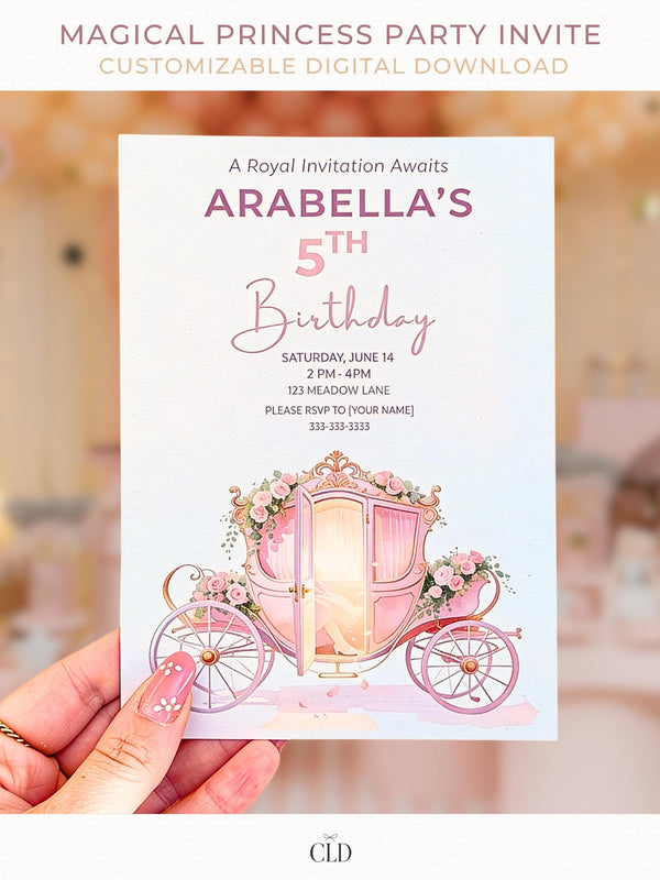 Printable princess carriage birthday invitation held in hand, elegant pink and gold fairytale design with floral carriage illustration, editable Canva 5x7 invite template for girls party