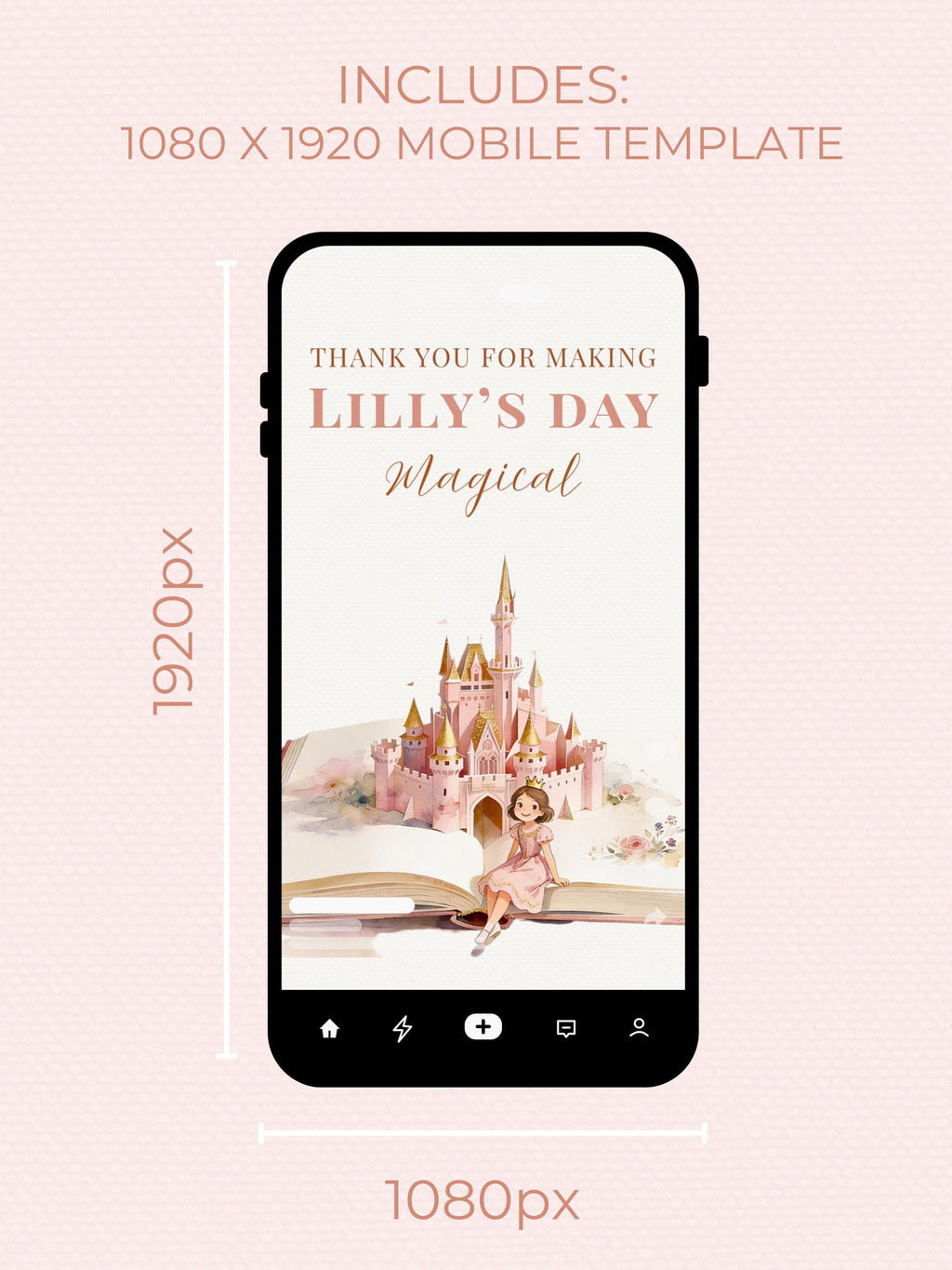 Brunette Princess Birthday Thank You Party Card (Instant Download Editable Canva Template) Printable Mobile Magical Castle Storybook