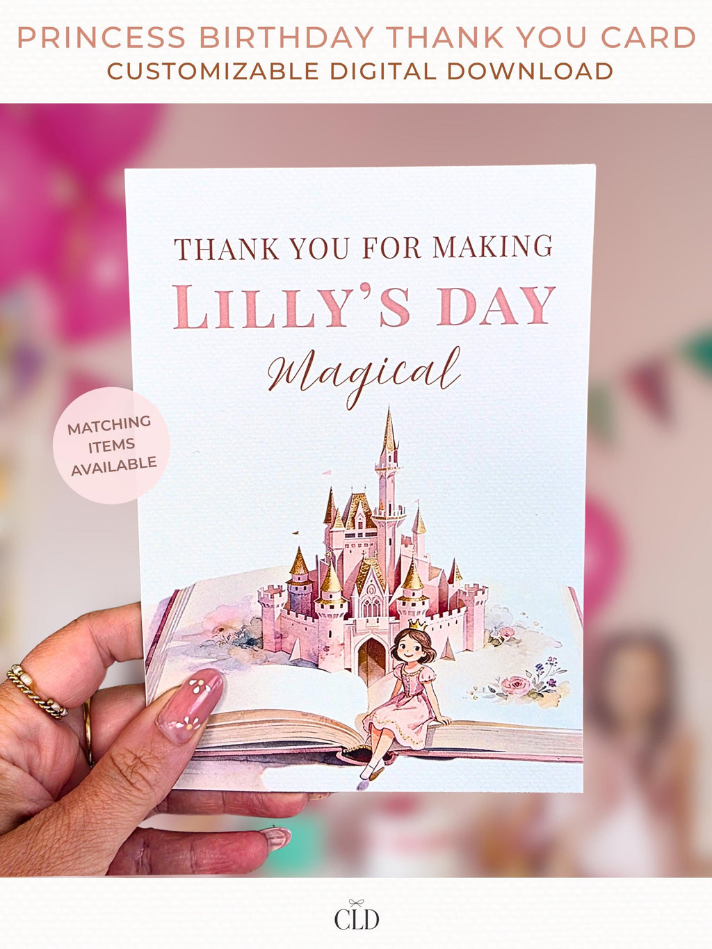 Princess birthday thank you card Canva template with watercolor storybook castle and little princess illustration held in hand, editable printable digital download