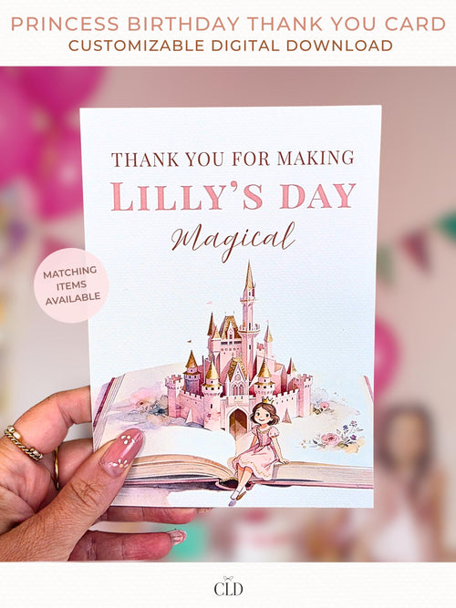 Princess birthday thank you card Canva template with watercolor storybook castle and little princess illustration held in hand, editable printable digital download