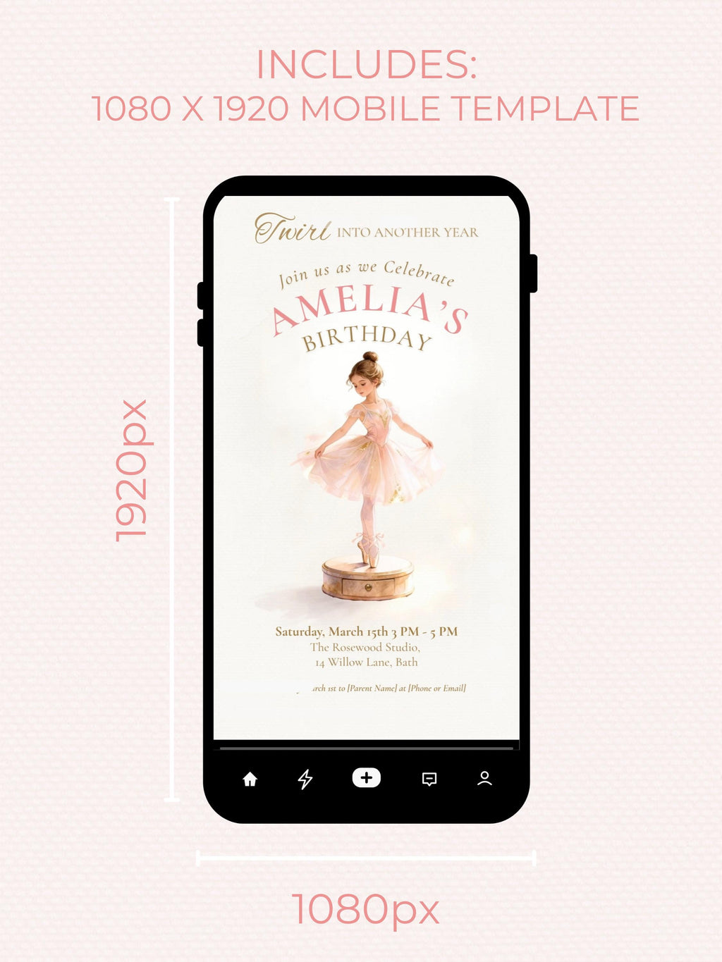 Printable Little Ballerina Birthday Invitation, Twirl Into Another Year Evite, Editable Canva Template, 5x7 Girl Dance Party Digital Invite