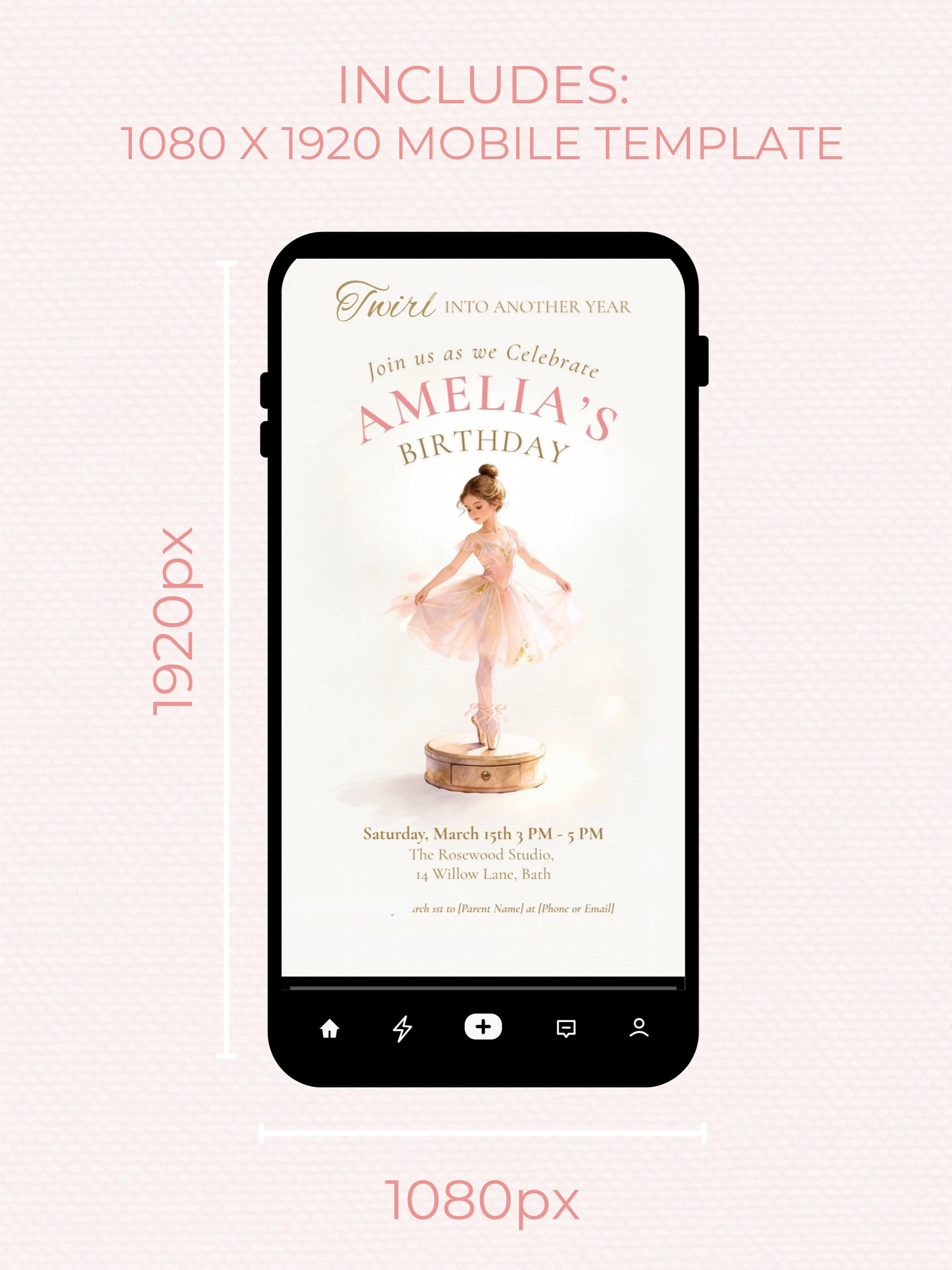 Printable Little Ballerina Birthday Invitation, Twirl Into Another Year Evite, Editable Canva Template, 5x7 Girl Dance Party Digital Invite
