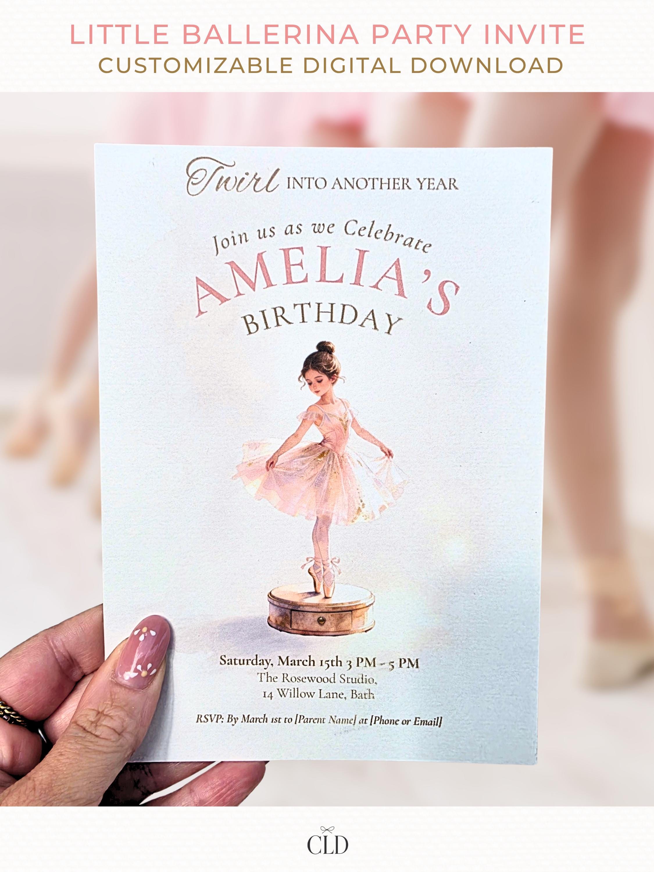 Little Ballerina Birthday Invitation, Twirl Into Another Year Party Invite, Editable Canva Template, 5x7 Printable Girl Dance Invitation