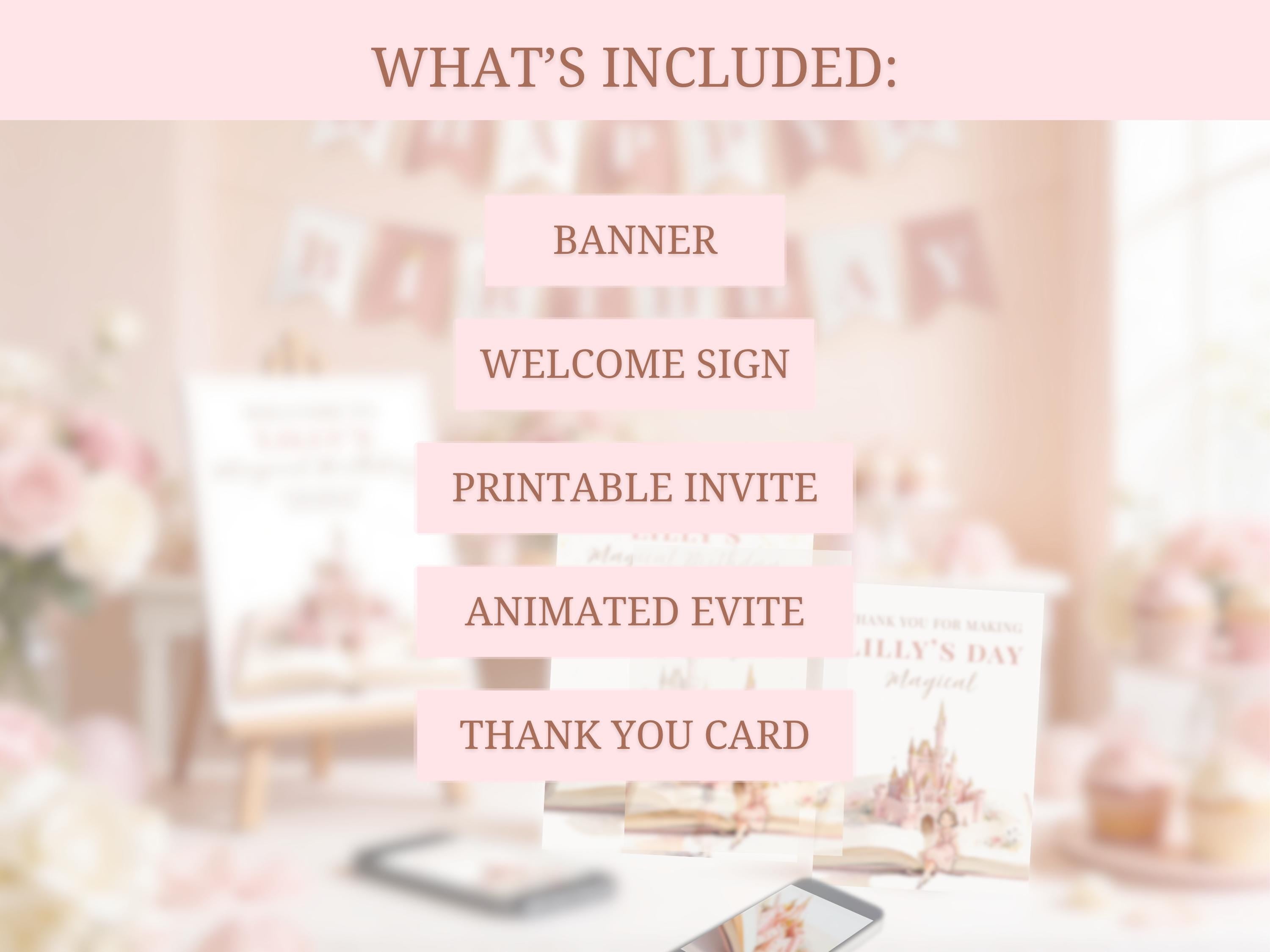 Princess Birthday Party Bundle Canva Template Brunette - Animated Evite, Printable Invitation, Welcome Sign, Banner & Thank You Card
