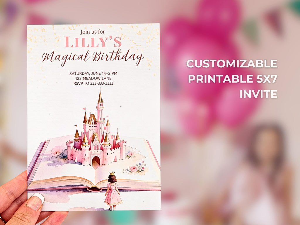 Princess Birthday Party Bundle Canva Template Brunette - Animated Evite, Printable Invitation, Welcome Sign, Banner & Thank You Card