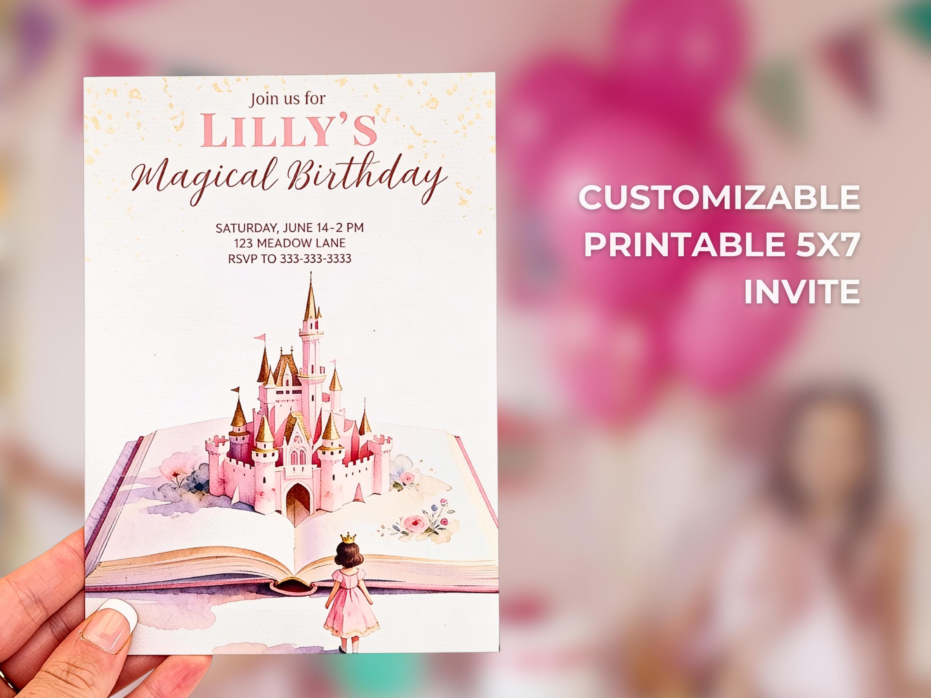Princess Birthday Party Bundle Canva Template Brunette - Animated Evite, Printable Invitation, Welcome Sign, Banner & Thank You Card