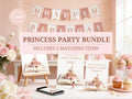 Princess birthday party bundle Canva template with banner decorations, welcome sign, printable invitation, thank you card and animated mobile evite displayed in a soft pink princess party setup