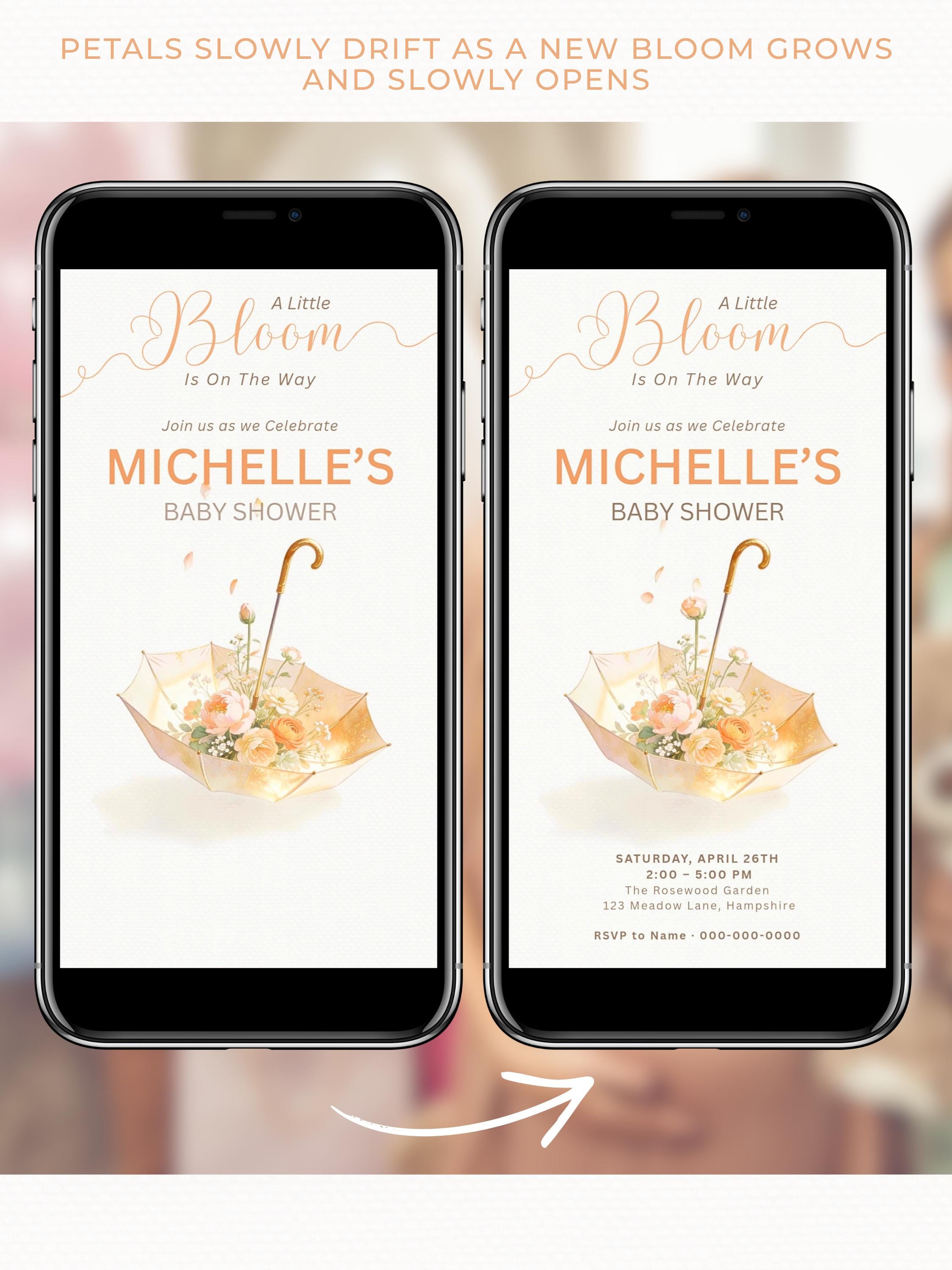 Animated Baby Shower Evite - A Little Bloom Is On The Way Invitation, Floral Girl Umbrella Video Invite, Editable Canva Template