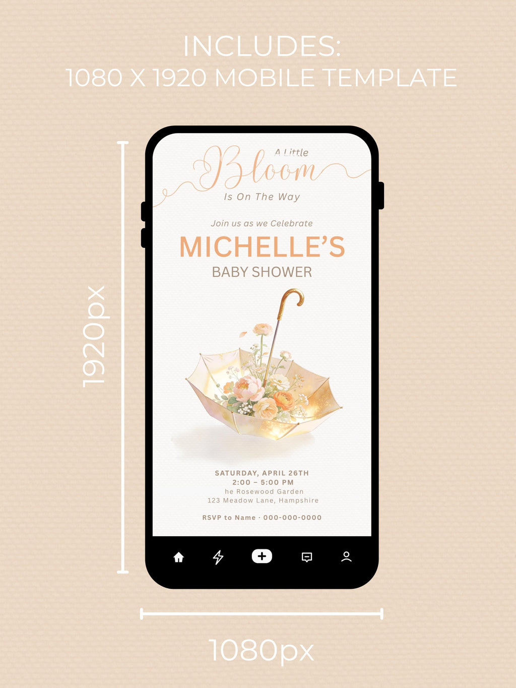 Baby Shower Invitation Template Printable, A Little Bloom Is On The Way Invite, Floral Umbrella Baby Shower, Editable Canva 5x7 Card