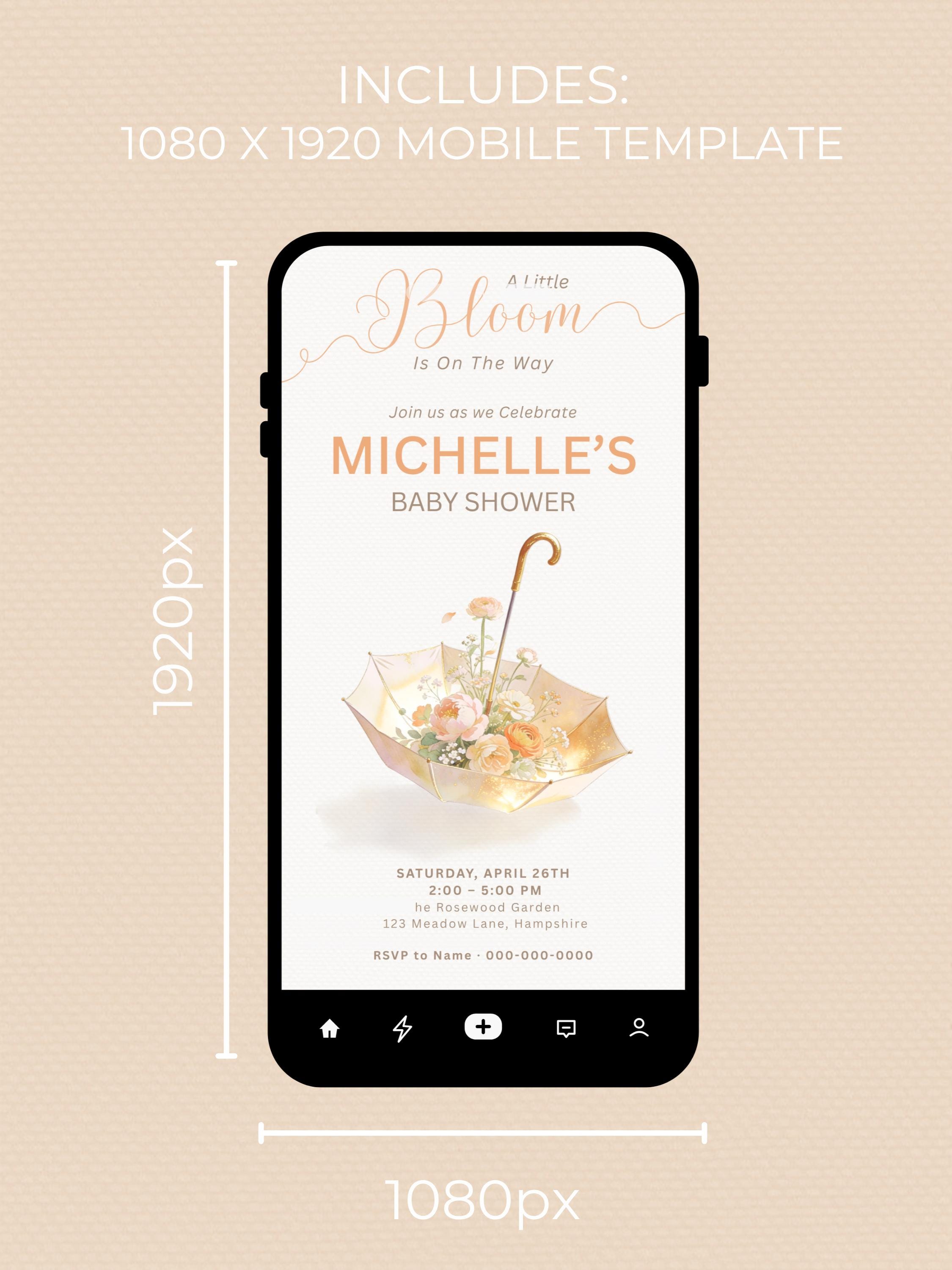Baby Shower Invitation Template Printable, A Little Bloom Is On The Way Invite, Floral Umbrella Baby Shower, Editable Canva 5x7 Card