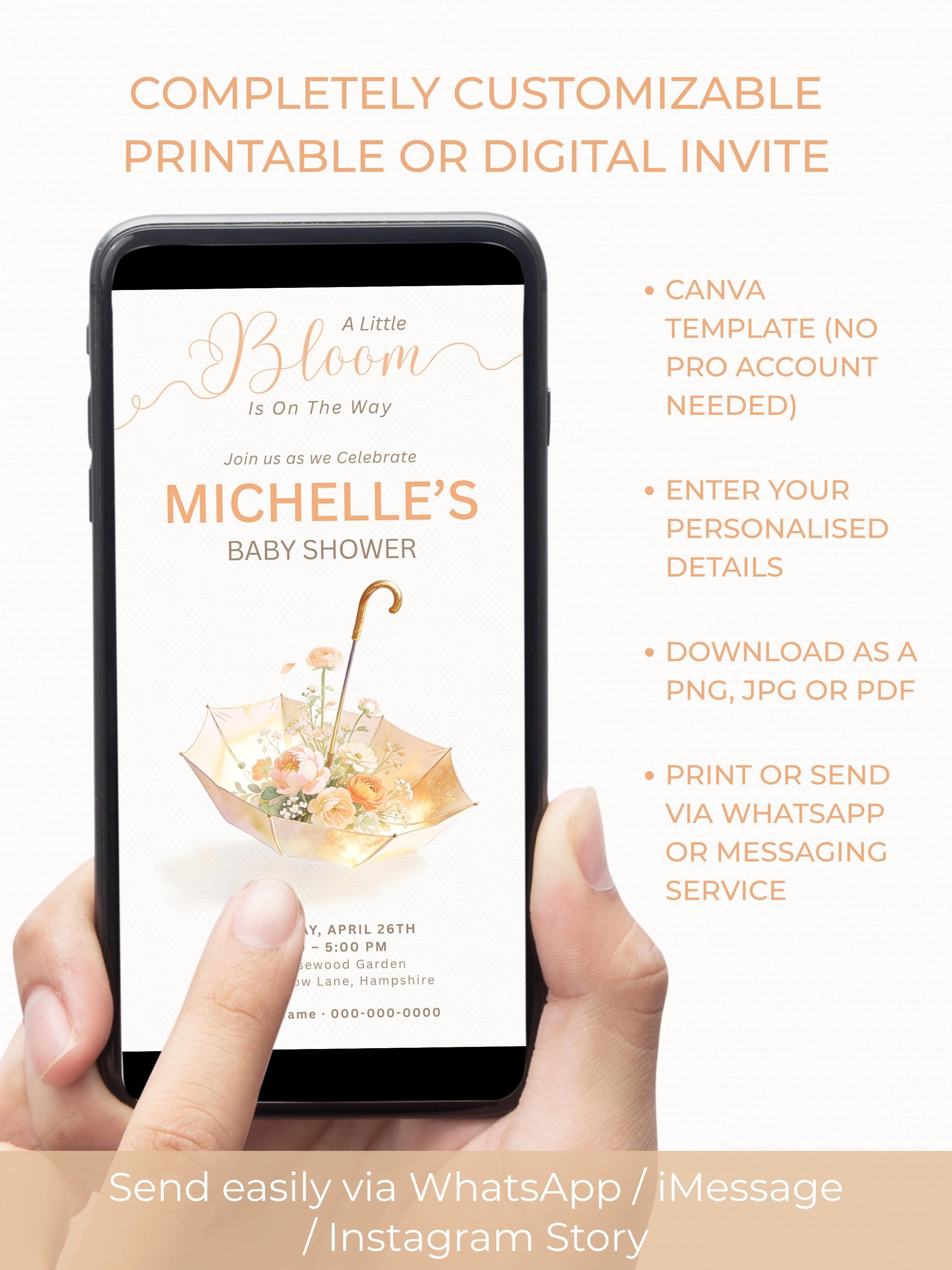 Baby Shower Invitation Template Printable, A Little Bloom Is On The Way Invite, Floral Umbrella Baby Shower, Editable Canva 5x7 Card