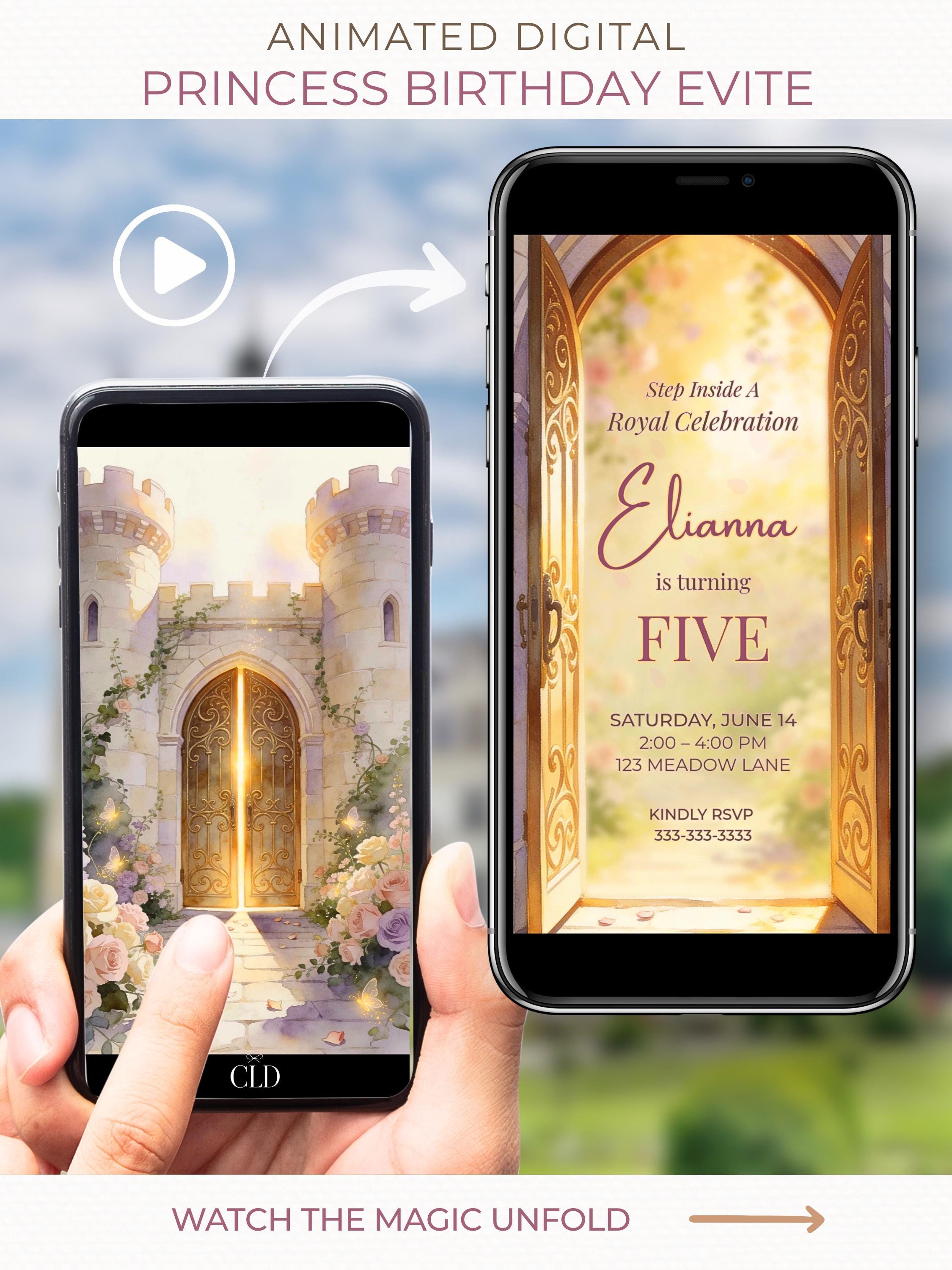 Animated Princess Birthday Invitation Video, Fairytale Castle Evite, Editable Canva Template, Girl Party Digital Invite