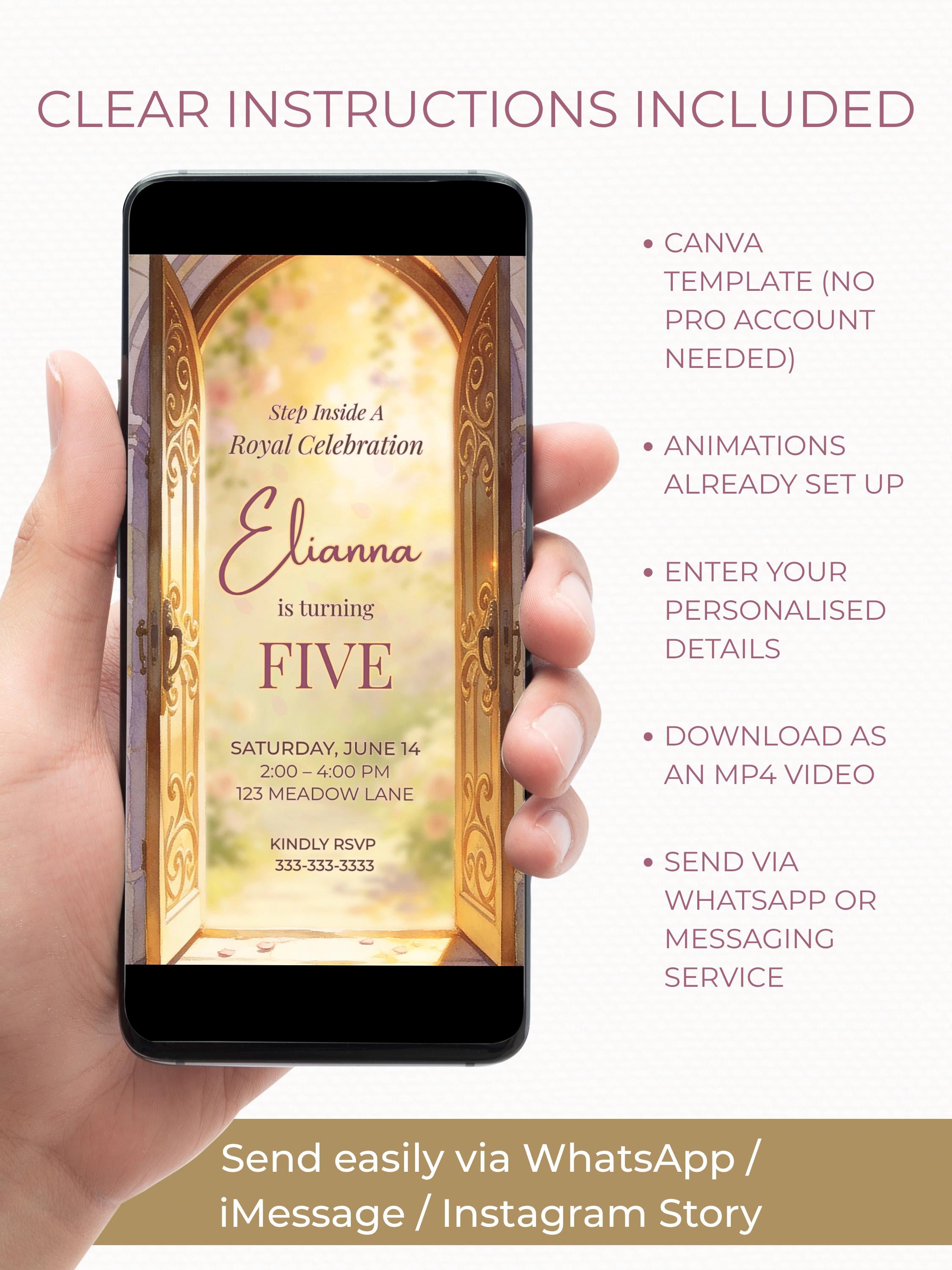 Animated Princess Birthday Invitation Video, Fairytale Castle Evite, Editable Canva Template, Girl Party Digital Invite